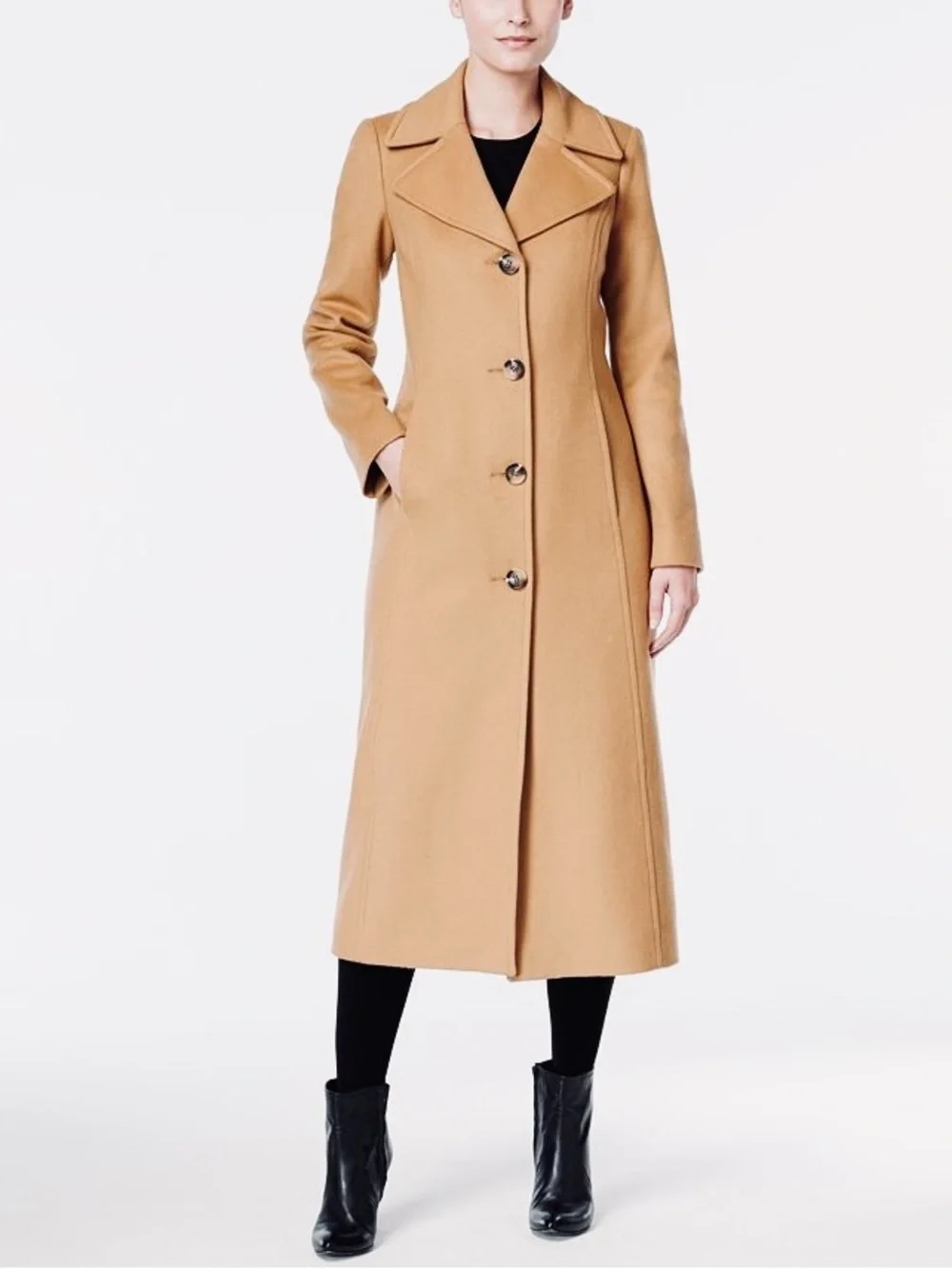 NEW Anne Klein Cashmere Wool Single-Breasted Button Long Maxi Coat Camel Tan